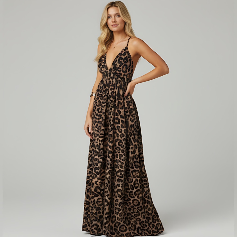 Plunging Neck Crisscross Open Back Leopard Dress